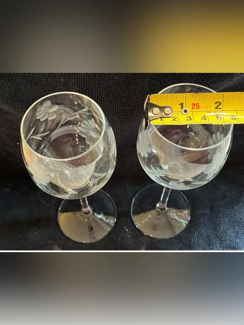 Vintage etched crystal wine glasses, floral and leaf pattern, set of 2